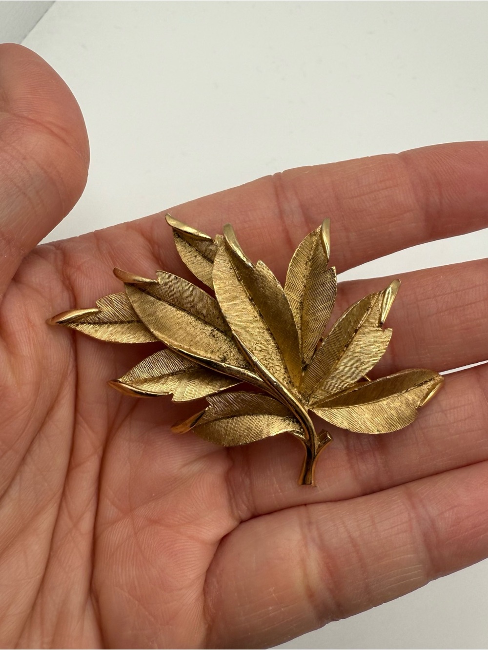 Vintage Crown Trifari Signed Gold Tone Brushed Leaf Leave Brooch Pin